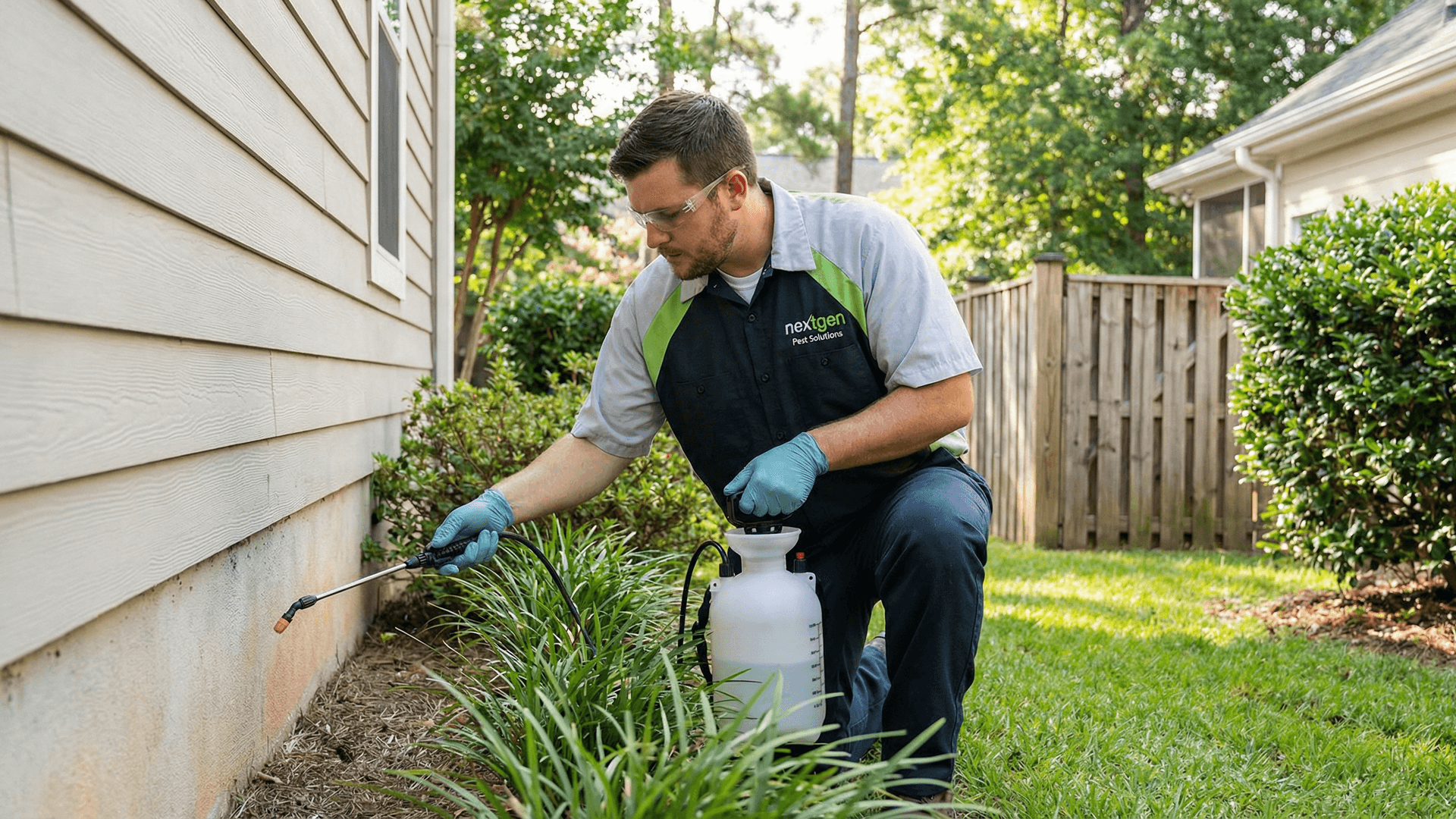 A NextGen Pest technician in a branded uniform sprays a residential foundation to provide professional pest protection.