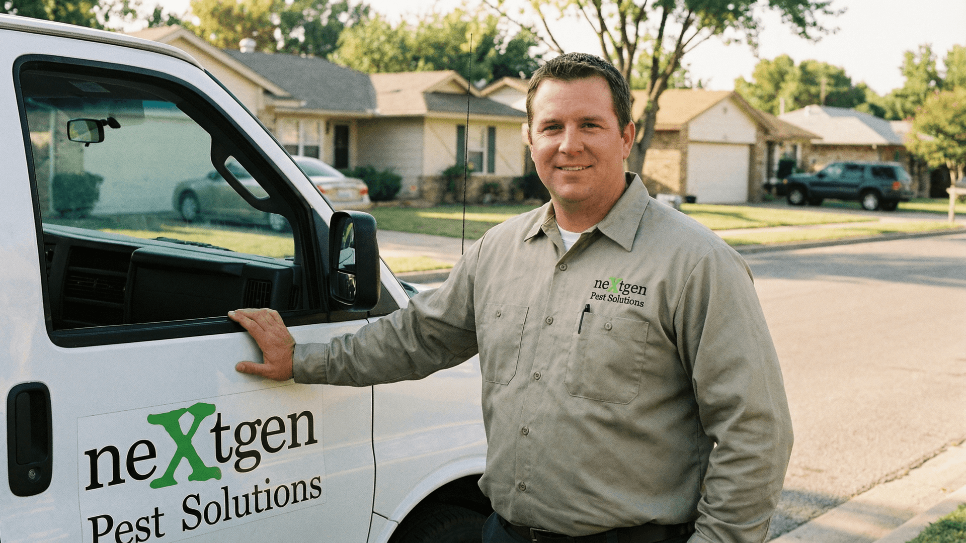 NextGen Pest team member standing beside company service truck in Alpharetta