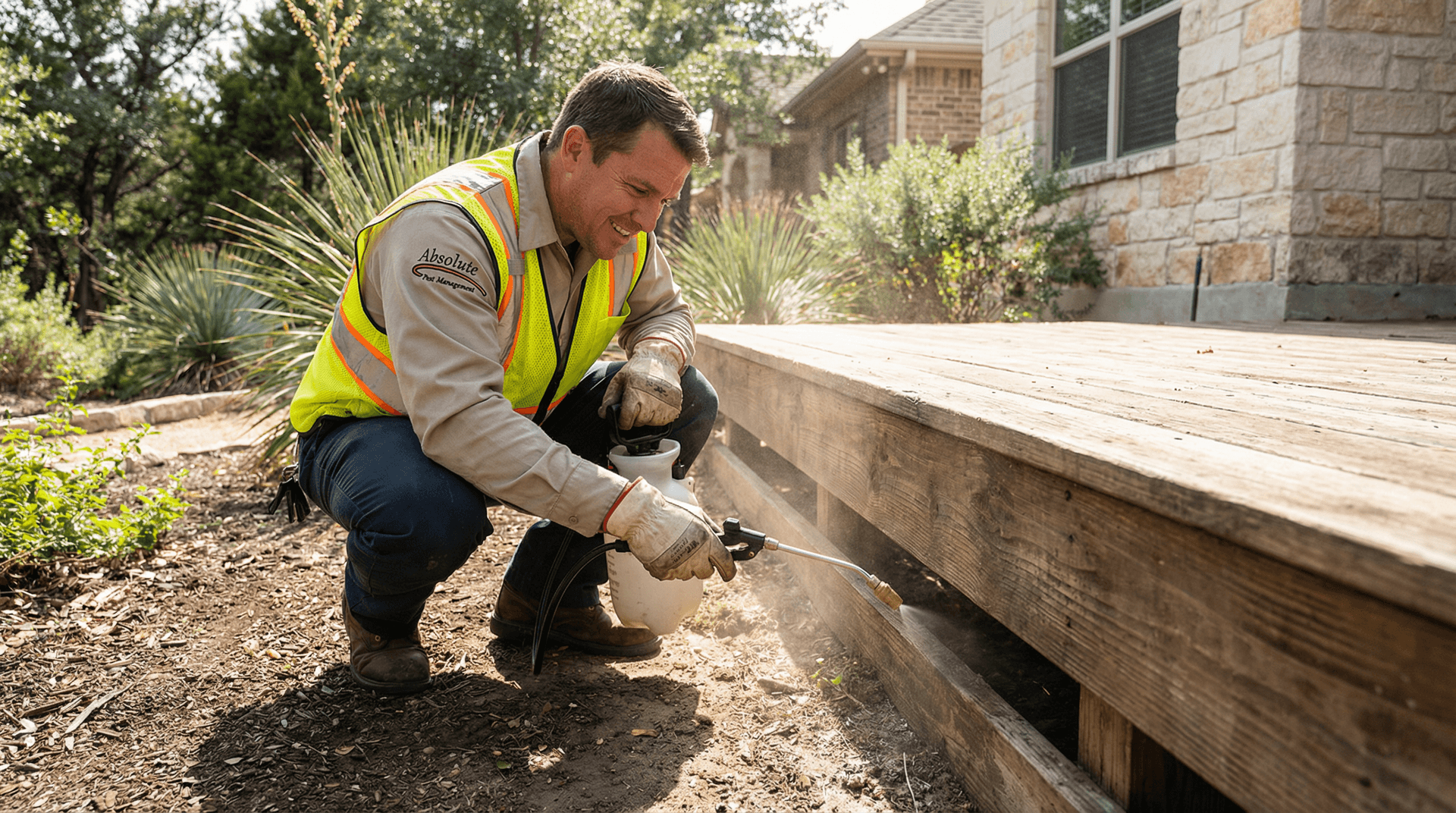 NextGen Pest technician in a branded uniform treats a home foundation in Woodstock GA using a handheld sprayer.