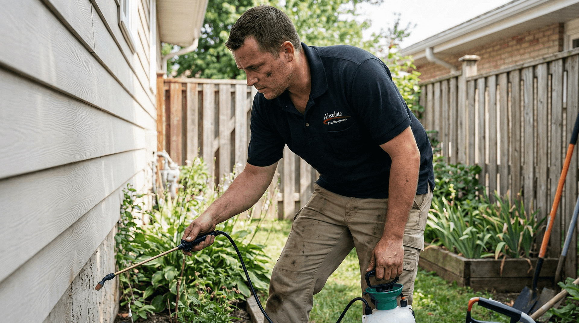 A NextGen Pest technician in a branded uniform inspects a black rodent bait station along the exterior wall of a home.